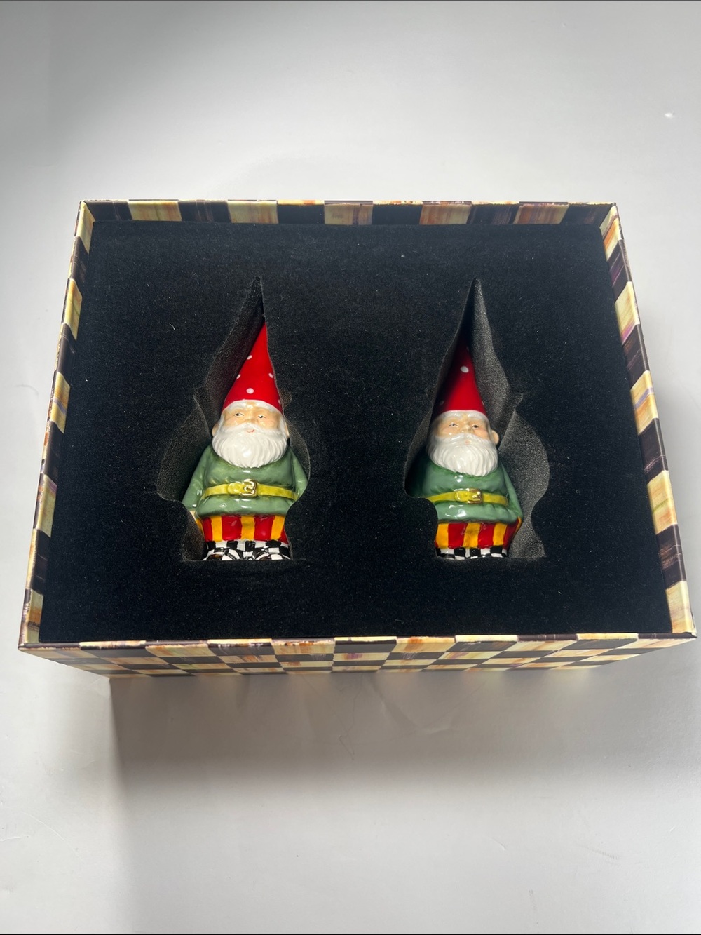 MacKenzie-Childs Pair of Red-Hat Green-Coat Gnome salt and pepper shaker
